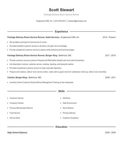Package Delivery Room Service Runner Resume