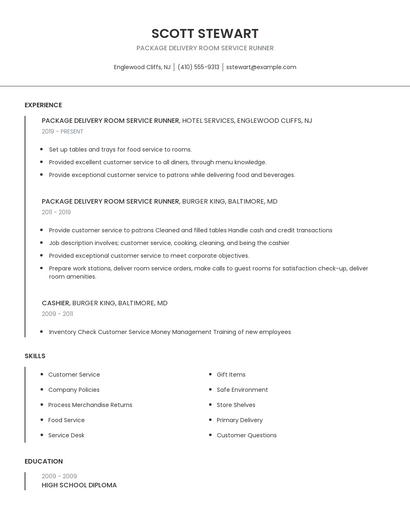 Package Delivery Room Service Runner Resume