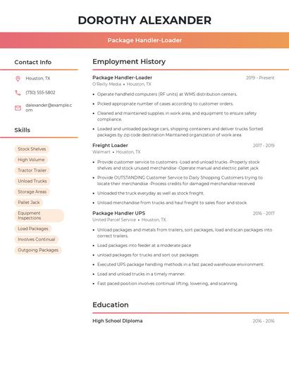 Package Handler-Loader Resume