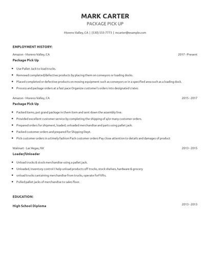 Package Pick Up Resume