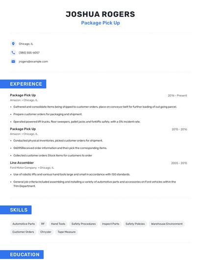 Package Pick Up Resume