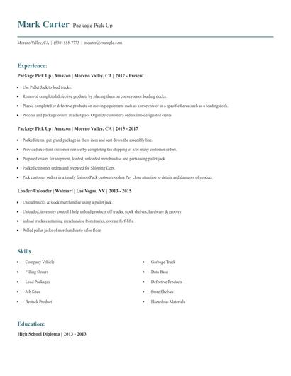 Package Pick Up Resume