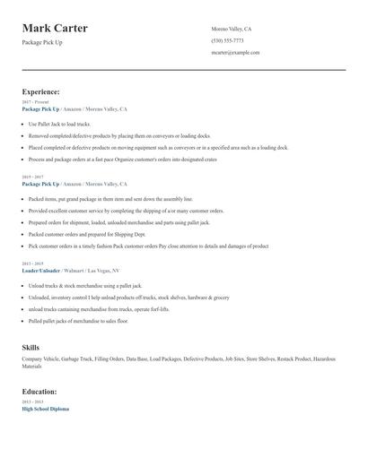 Package Pick Up Resume