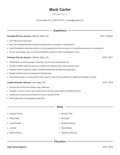 Package Pick Up Resume