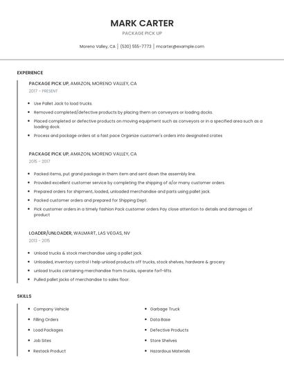 Package Pick Up Resume