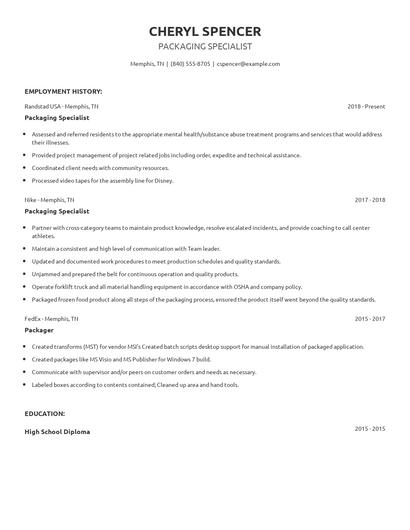 Packaging Specialist Resume
