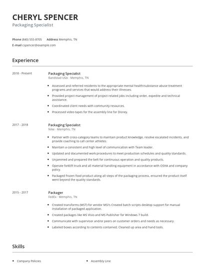 Packaging Specialist Resume