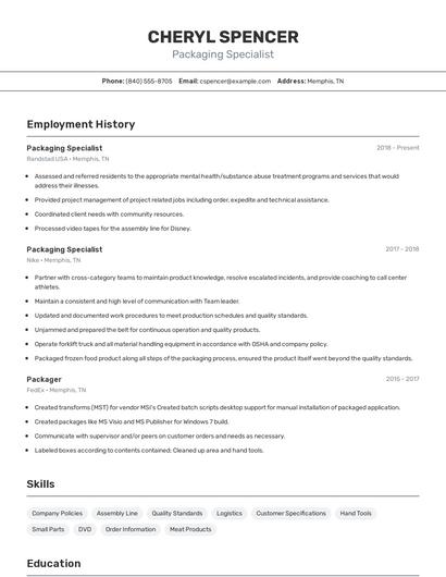 Packaging Specialist Resume