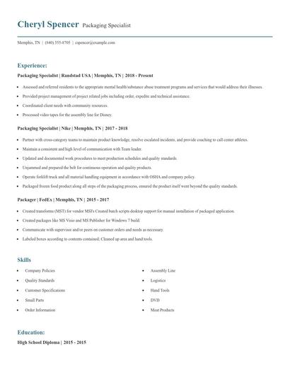 Packaging Specialist Resume