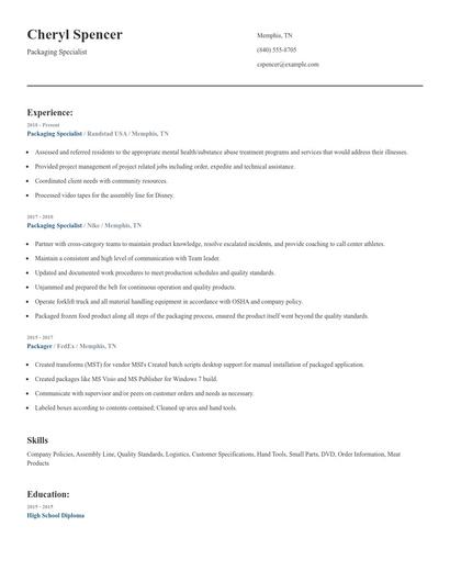 Packaging Specialist Resume