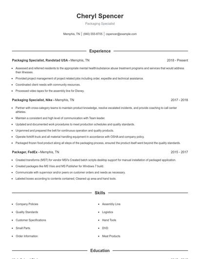 Packaging Specialist Resume