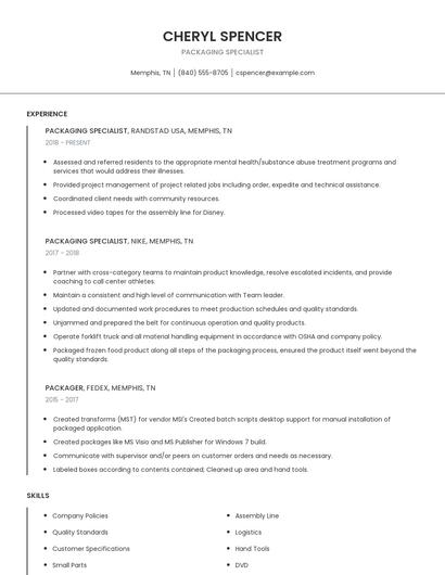 Packaging Specialist Resume