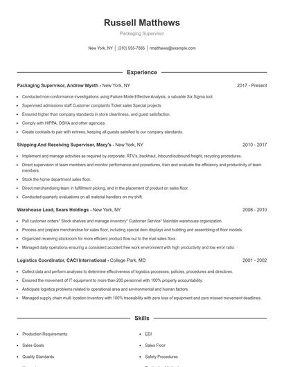 Packaging Supervisor Resume