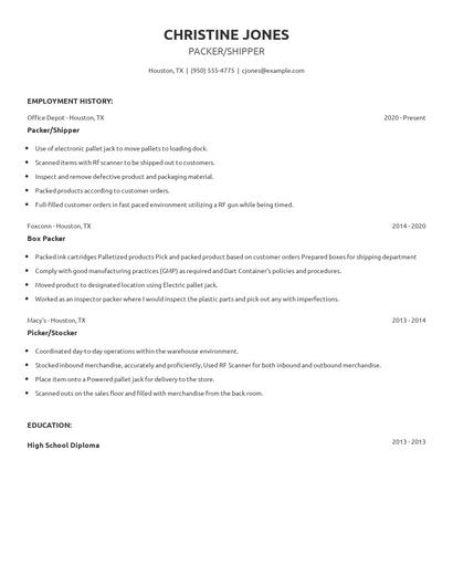 Packer/Shipper Resume
