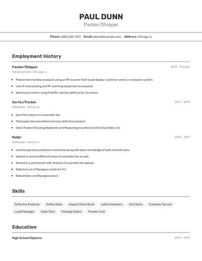 Packer/Shipper Resume