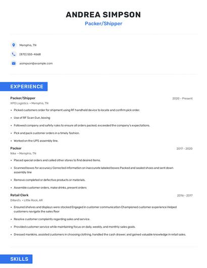 Packer/Shipper Resume