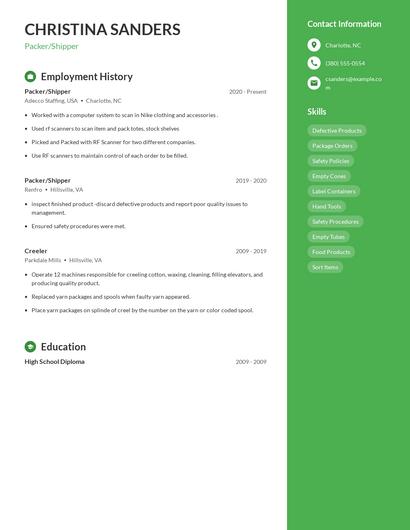 Packer/Shipper Resume