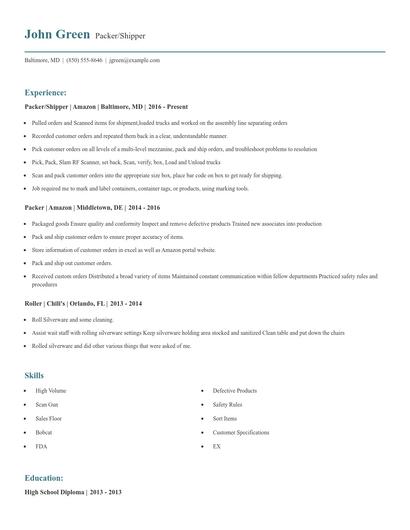 Packer/Shipper Resume