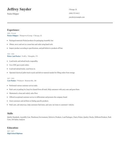 Packer/Shipper Resume