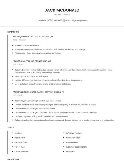 Packer/Shipper Resume