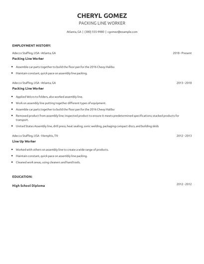 Packing Line Worker Resume