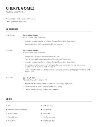 Packing Line Worker Resume