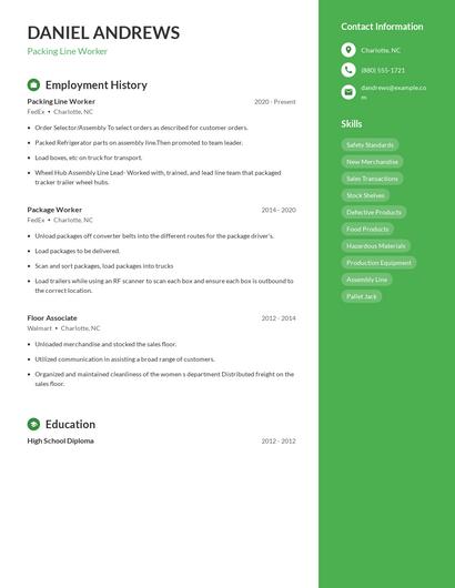Packing Line Worker Resume