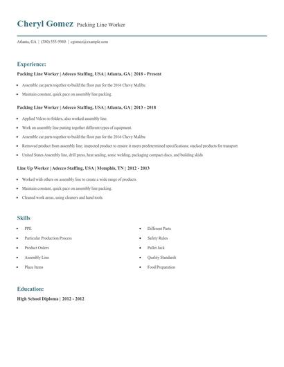 Packing Line Worker Resume