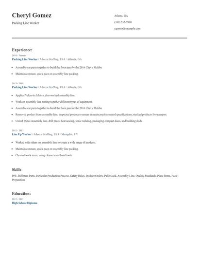 Packing Line Worker Resume