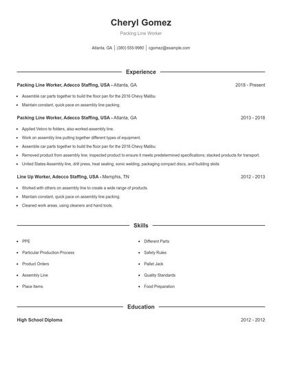 Packing Line Worker Resume
