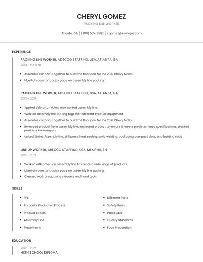 Packing Line Worker Resume