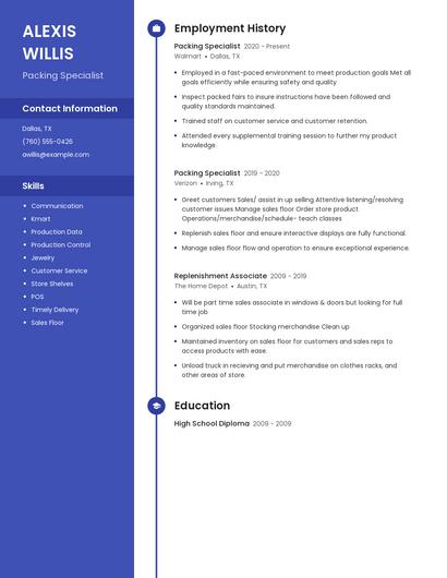 Packing Specialist Resume