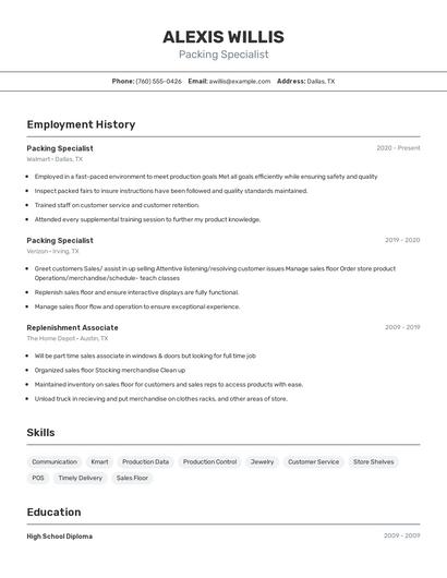 Packing Specialist Resume
