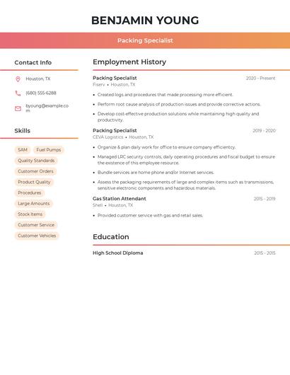 Packing Specialist Resume