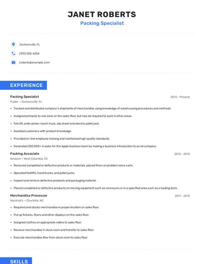 Packing Specialist Resume