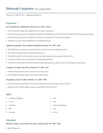 Pacs Administrator Resume