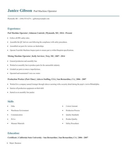 Pad Machine Operator Resume