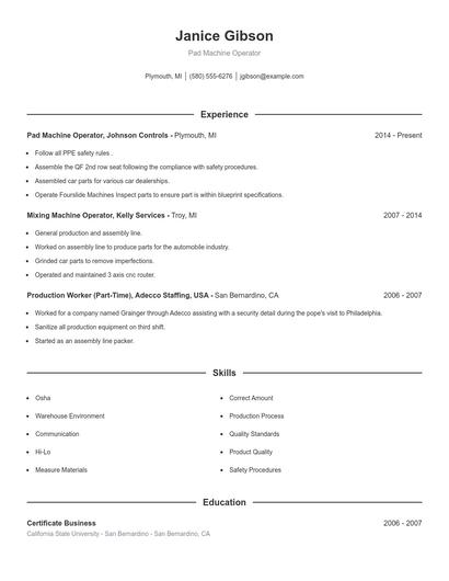 Pad Machine Operator Resume