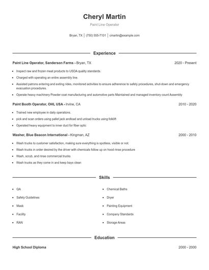 Paint Line Operator Resume