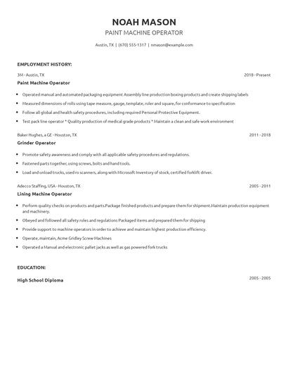 Paint Machine Operator Resume