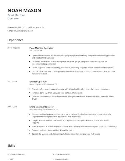 Paint Machine Operator Resume