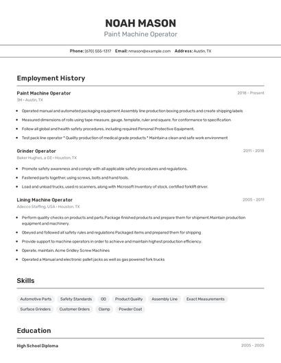 Paint Machine Operator Resume