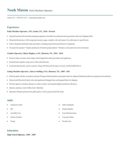 Paint Machine Operator Resume