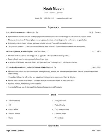 Paint Machine Operator Resume