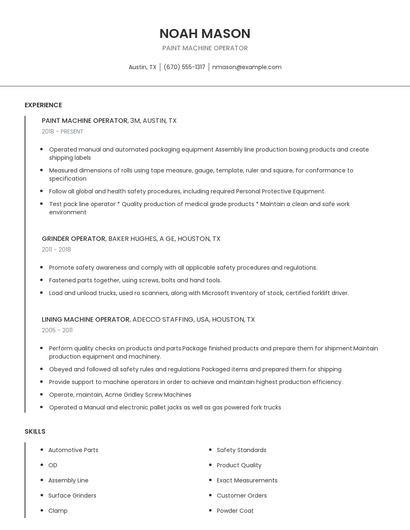 Paint Machine Operator Resume