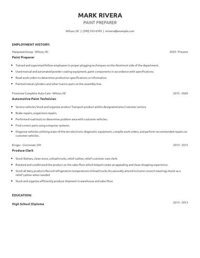 Paint Preparer Resume