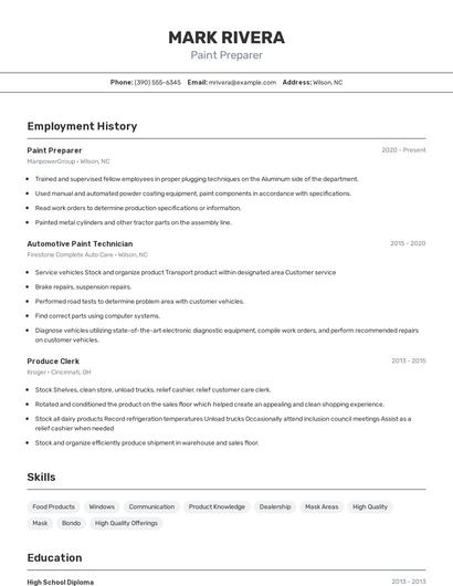 Paint Preparer Resume