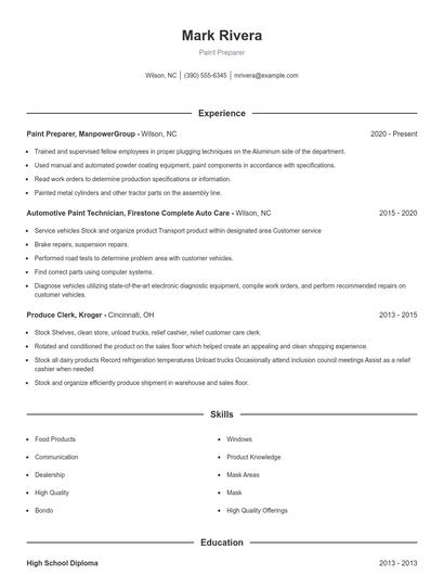 Paint Preparer Resume