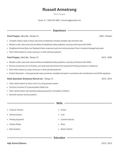 Paint Prepper Resume