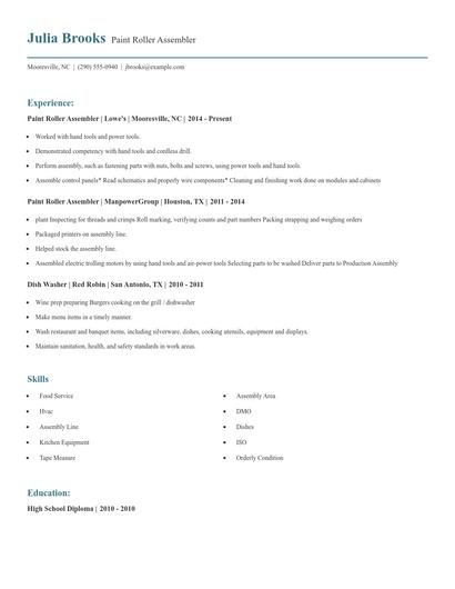 Paint Roller Assembler Resume